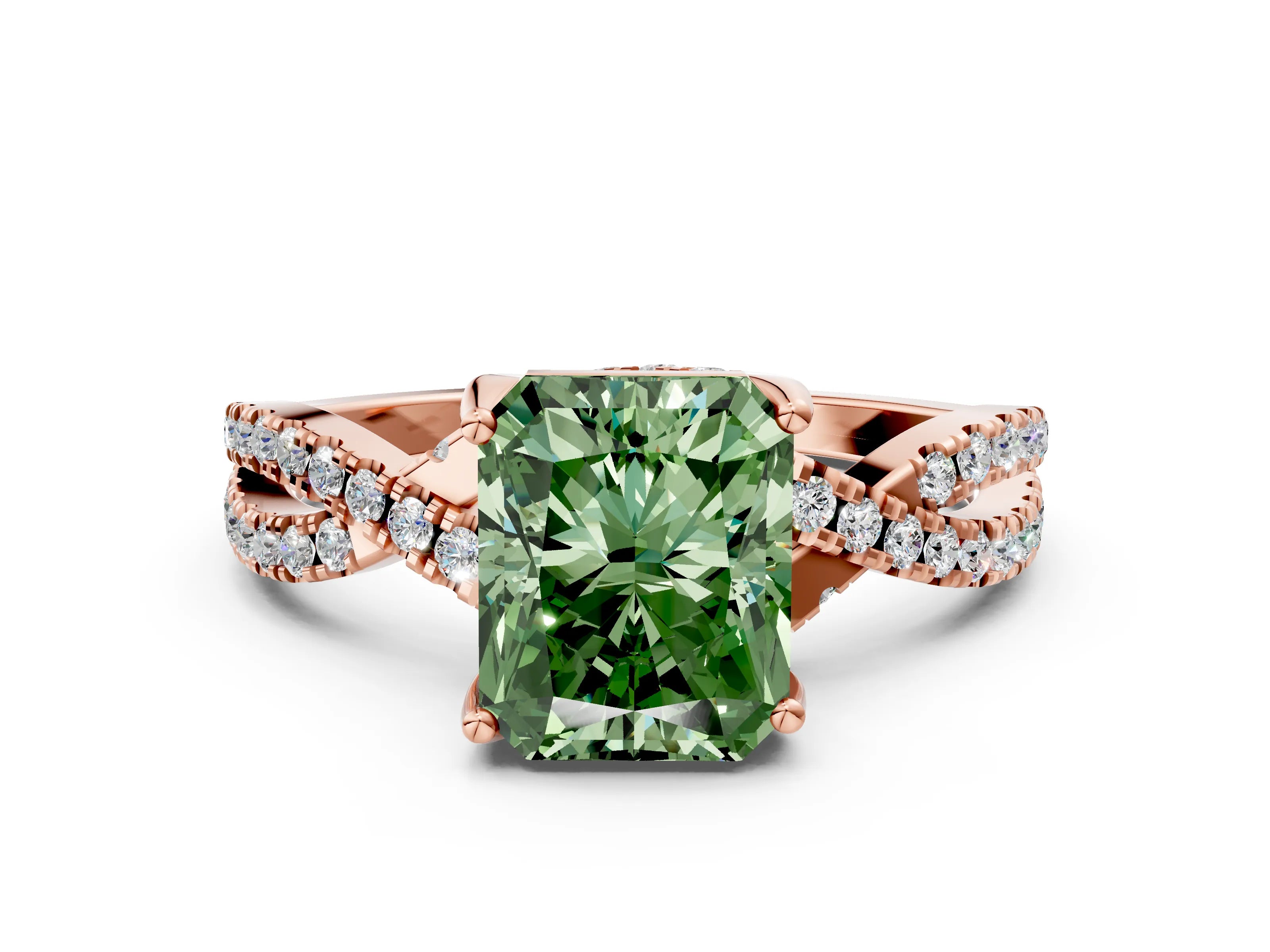 Rose gold Fancy Green Radiant Cut Solitaire Twist Pave Diamond Engagement Ring with Prong Setting