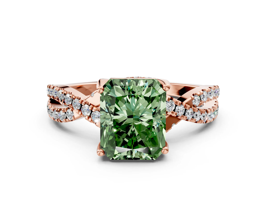 Rose gold Fancy Green Radiant Cut Solitaire Twist Pave Diamond Engagement Ring with Prong Setting