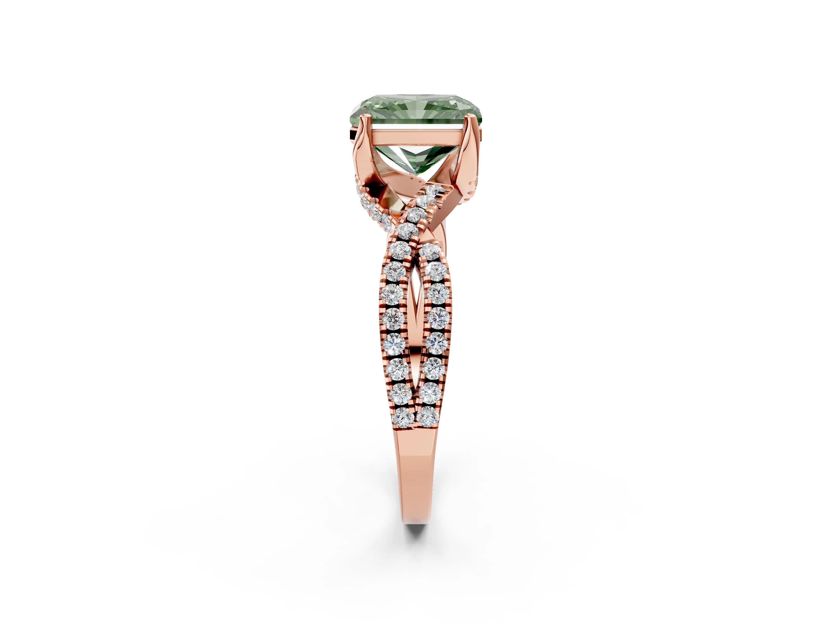 Rose gold Fancy Green Radiant Cut Solitaire Twist Pave Diamond Engagement Ring with Prong Setting_2