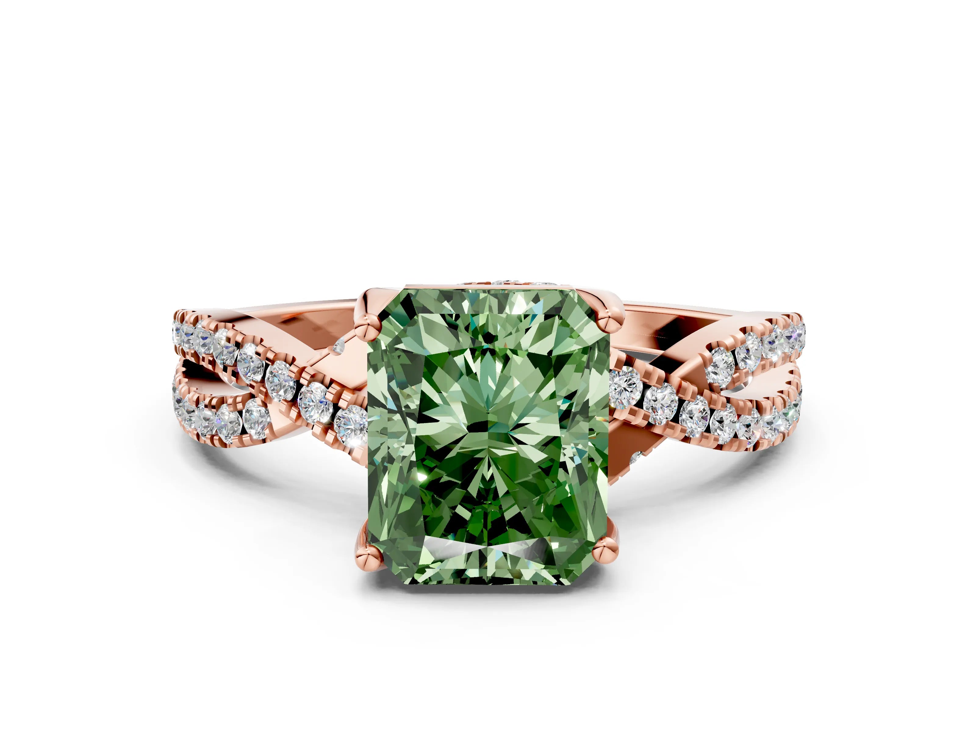 Rose gold Fancy Green Radiant Cut Solitaire Twist Pave Diamond Engagement Ring with Prong Setting_24