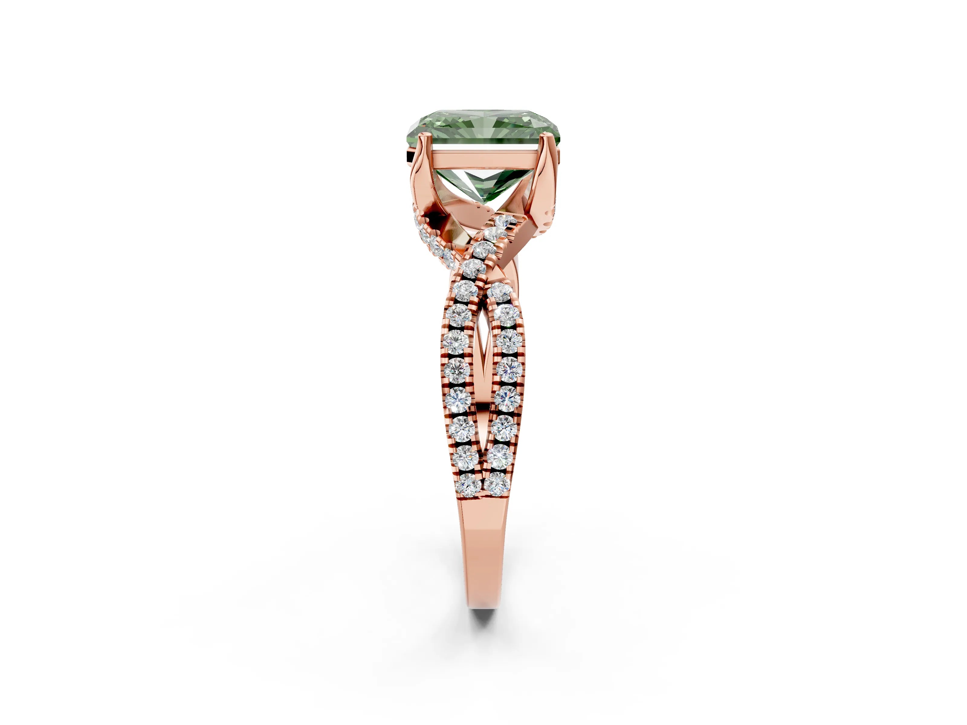Rose gold Fancy Green Radiant Cut Solitaire Twist Pave Diamond Engagement Ring with Prong Setting_26