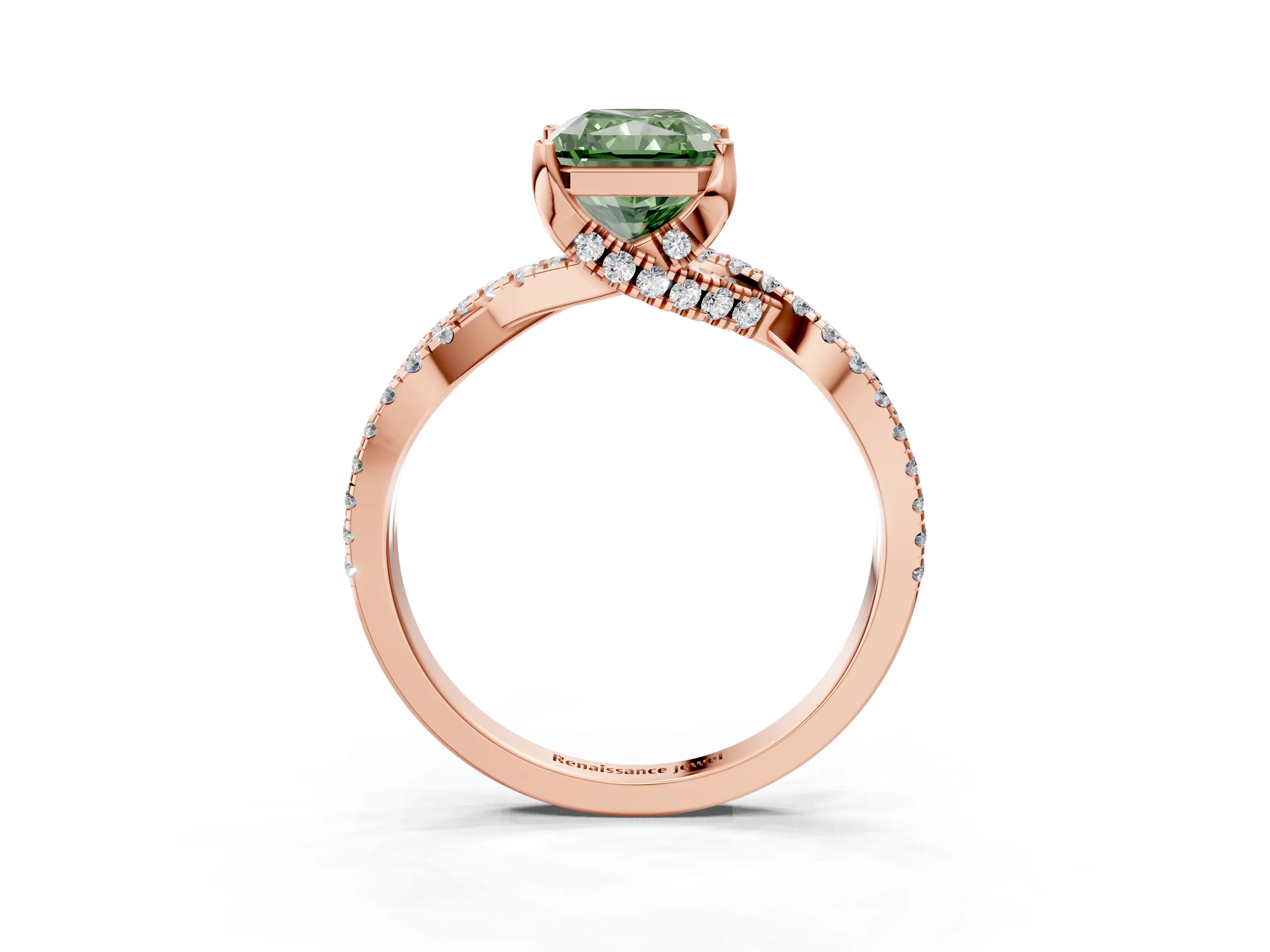 Rose gold Fancy Green Radiant Cut Solitaire Twist Pave Diamond Engagement Ring with Prong Setting_27