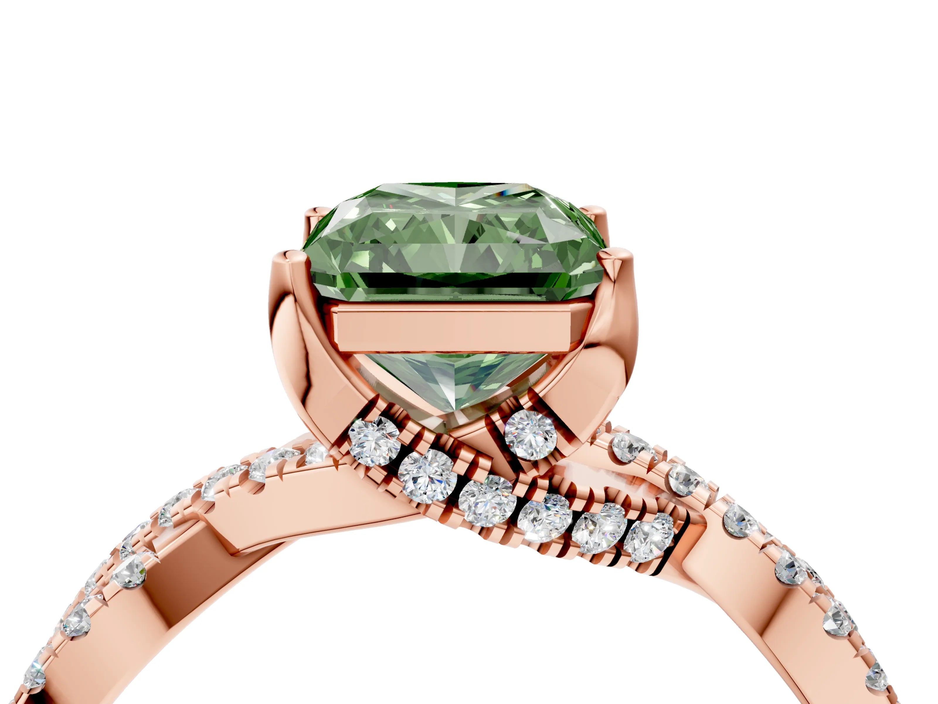 Rose gold Fancy Green Radiant Cut Solitaire Twist Pave Diamond Engagement Ring with Prong Setting_4
