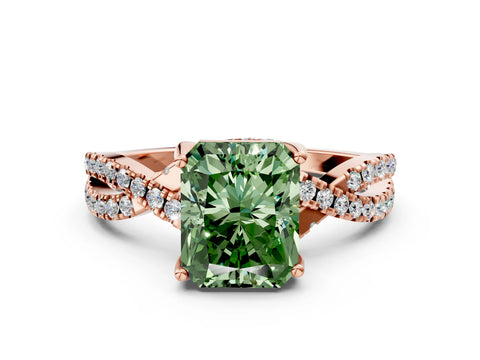 Rose gold Fancy Green Radiant Cut Solitaire Twist Pave Diamond Engagement Ring with Prong Setting