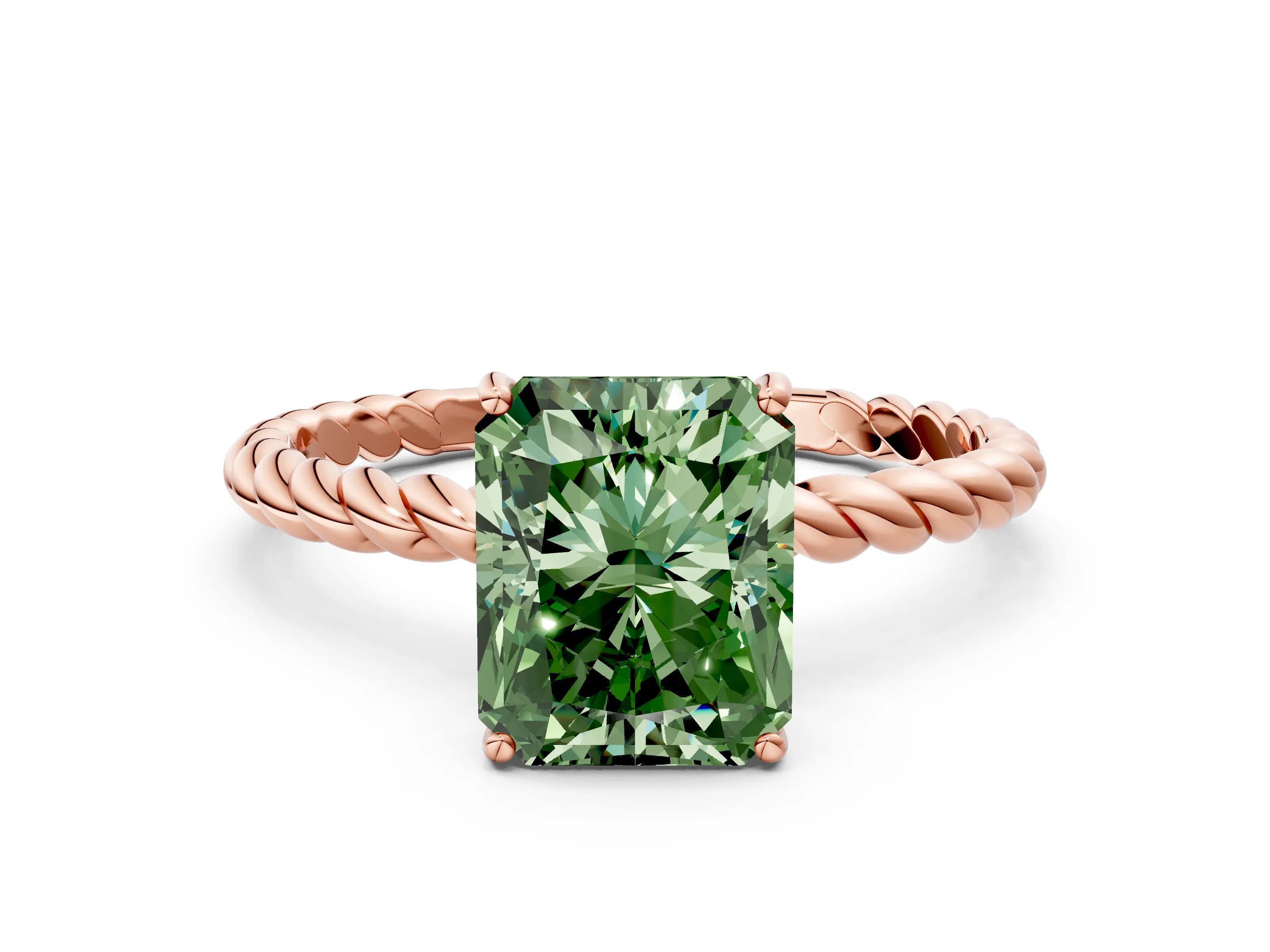 Rose gold Fancy Green Radiant Cut Solitaire Twisted Band 4-Prong Ring