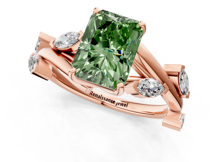 Rose gold Fancy Green Radiant Cut Solitaire Twisted Band Marquise Accent Prong Setting Ring