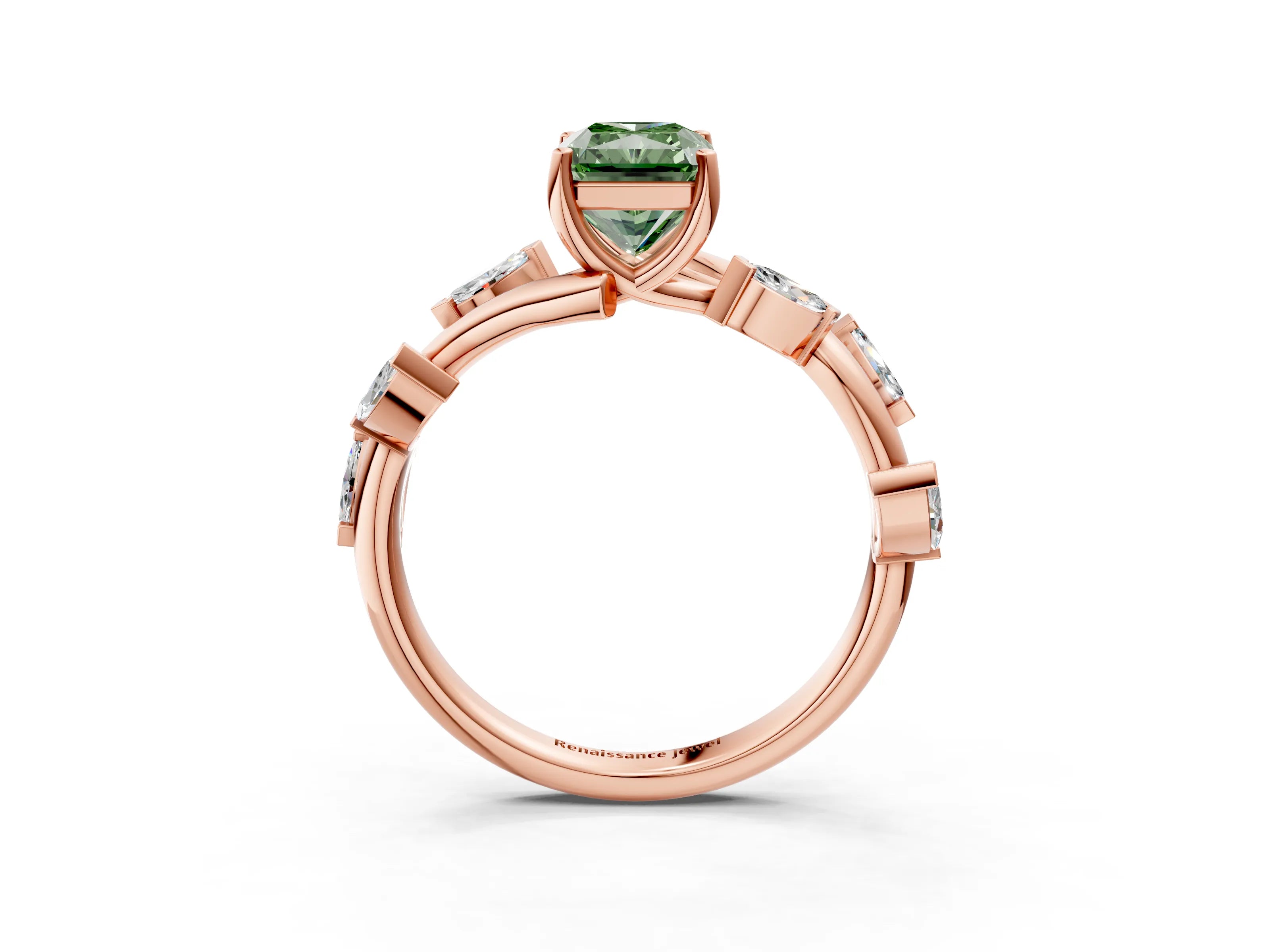 Rose gold Fancy Green Radiant Cut Solitaire Twisted Band Marquise Accent Prong Setting Ring_3