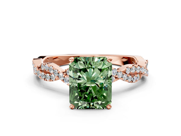 Rose gold Fancy Green Radiant Cut Solitaire Twisted Pave Band with Four-Prong Setting
