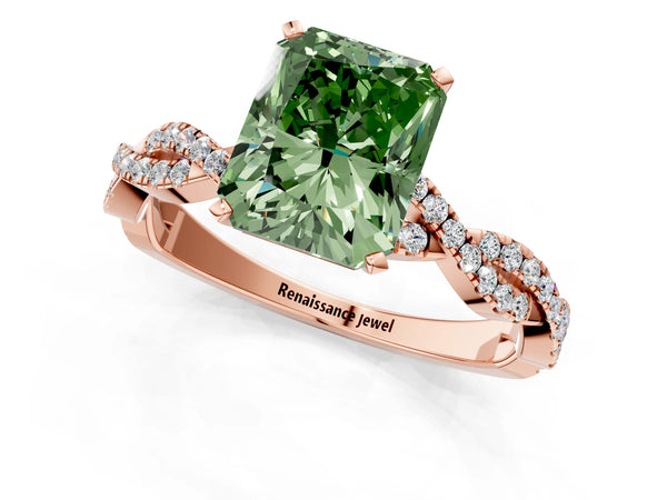 Rose gold Fancy Green Radiant Cut Solitaire Twisted Pave Band with Four-Prong Setting