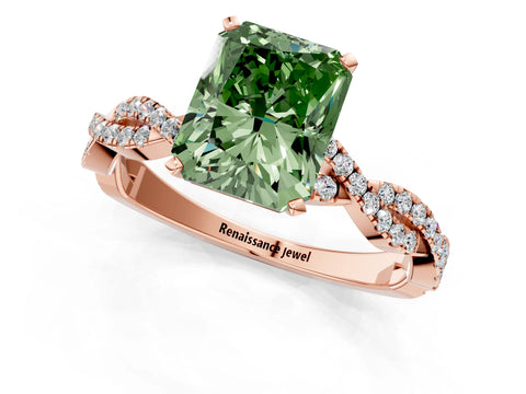 Rose gold Fancy Green Radiant Cut Solitaire Twisted Pave Band with Four-Prong Setting_4