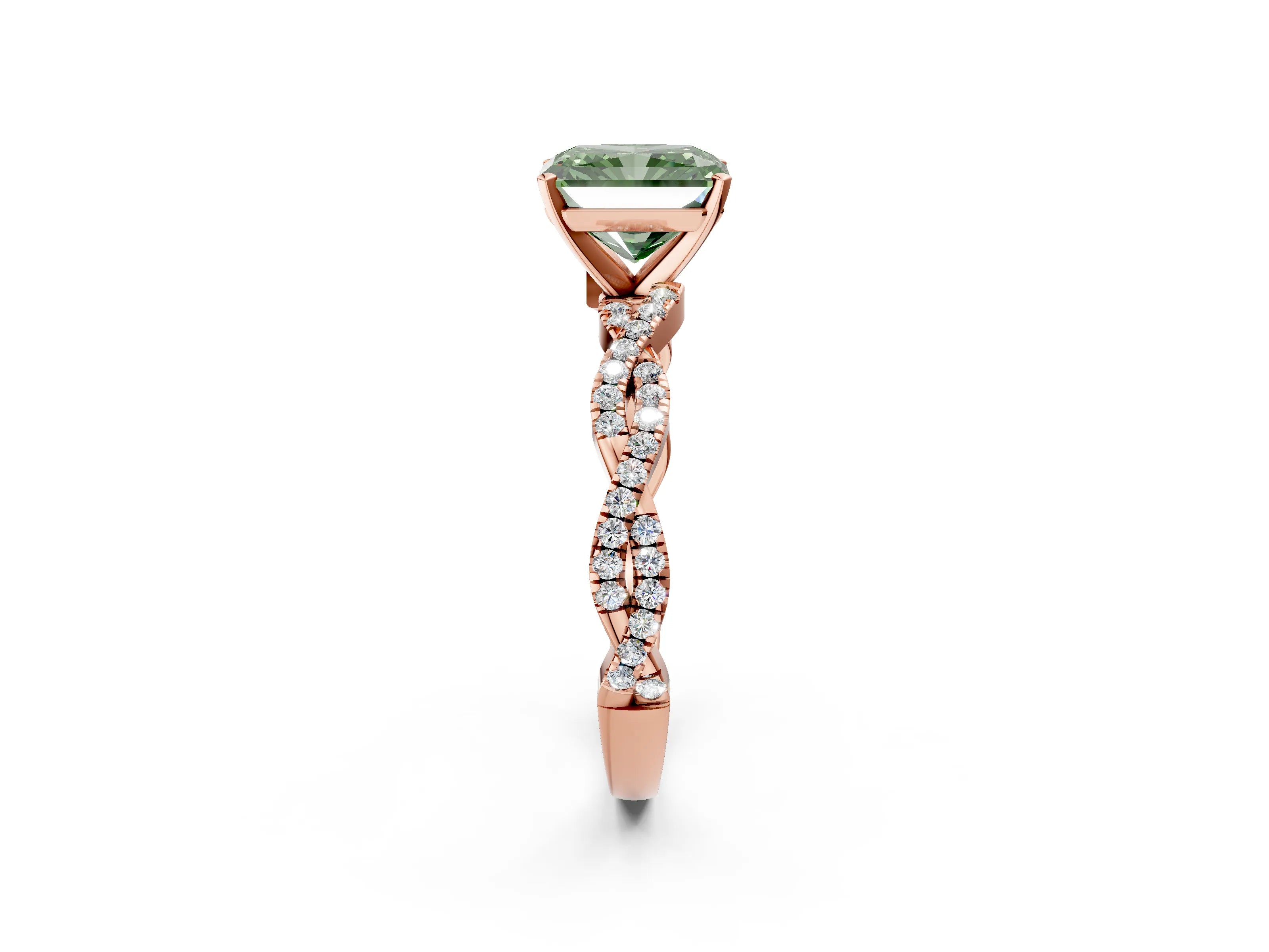 Rose gold Fancy Green Radiant Cut Solitaire Twisted Pave Band with Four-Prong Setting_5