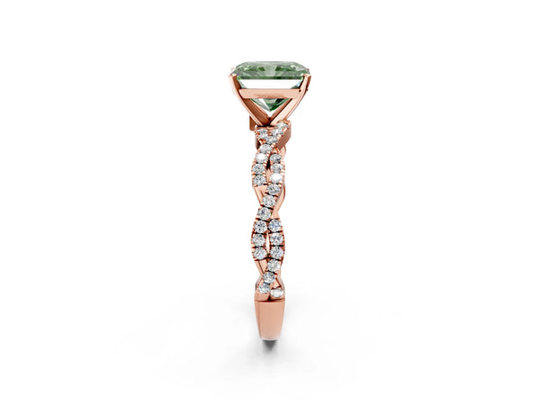 Rose gold Fancy Green Radiant Cut Solitaire Twisted Pave Band with Four-Prong Setting