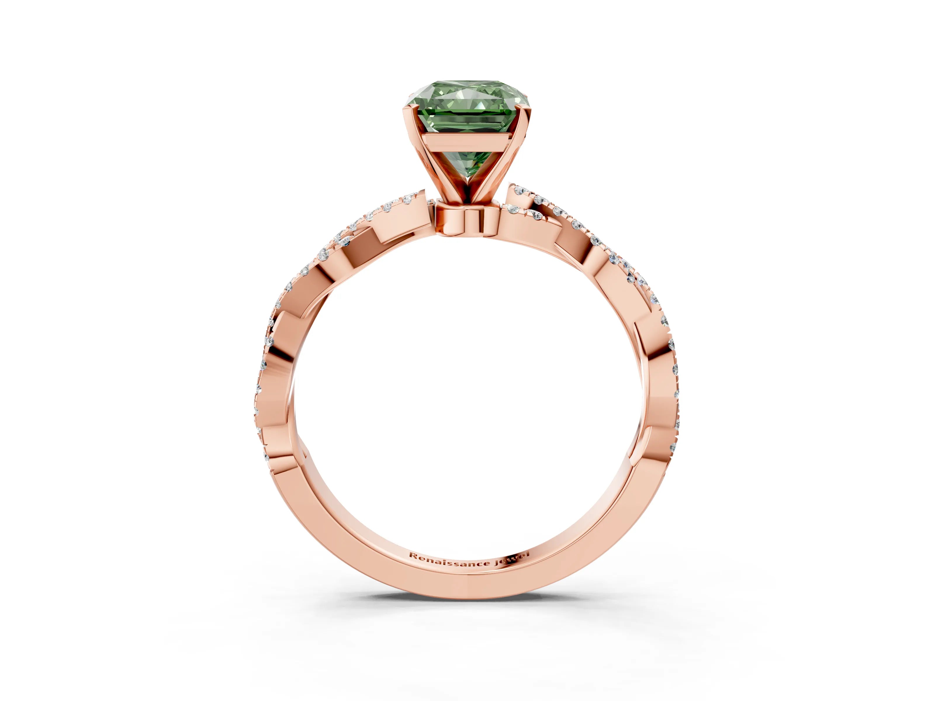 Rose gold Fancy Green Radiant Cut Solitaire Twisted Pave Band with Four-Prong Setting_6