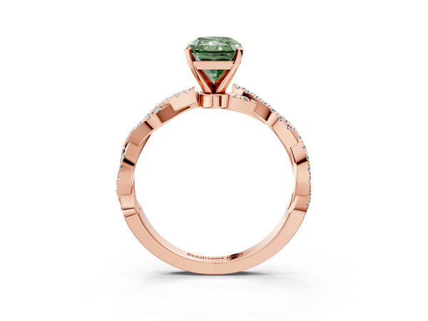 Rose gold Fancy Green Radiant Cut Solitaire Twisted Pave Band with Four-Prong Setting