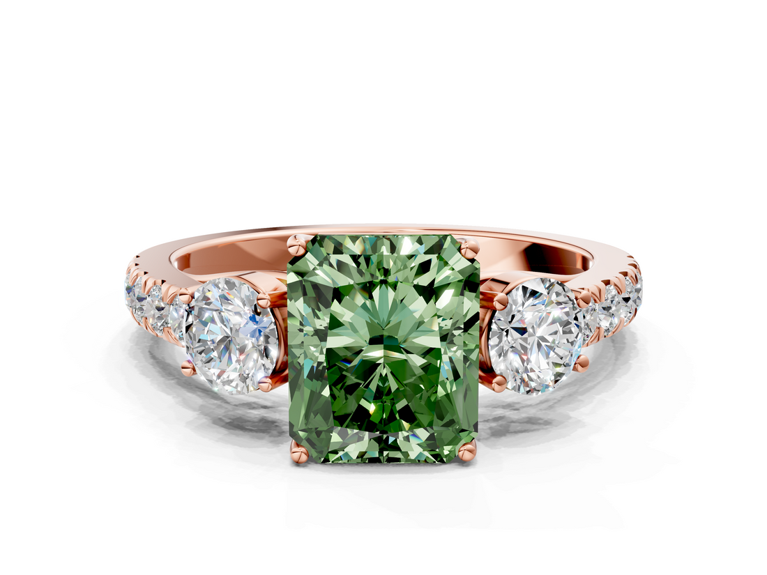 Rose gold Fancy Green Radiant  Cut Three-Stone Diamond Pave Band with Prong Setting_37