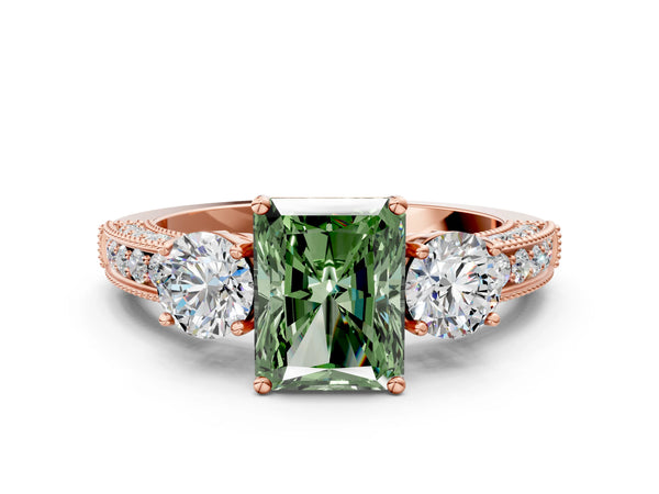 Rose gold Fancy Green Radiant Cut Three-Stone Diamond Ring with Pavé Band and Four-Prong Setting