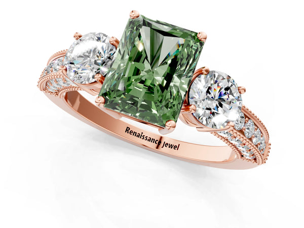 Rose gold Fancy Green Radiant Cut Three-Stone Diamond Ring with Pavé Band and Four-Prong Setting