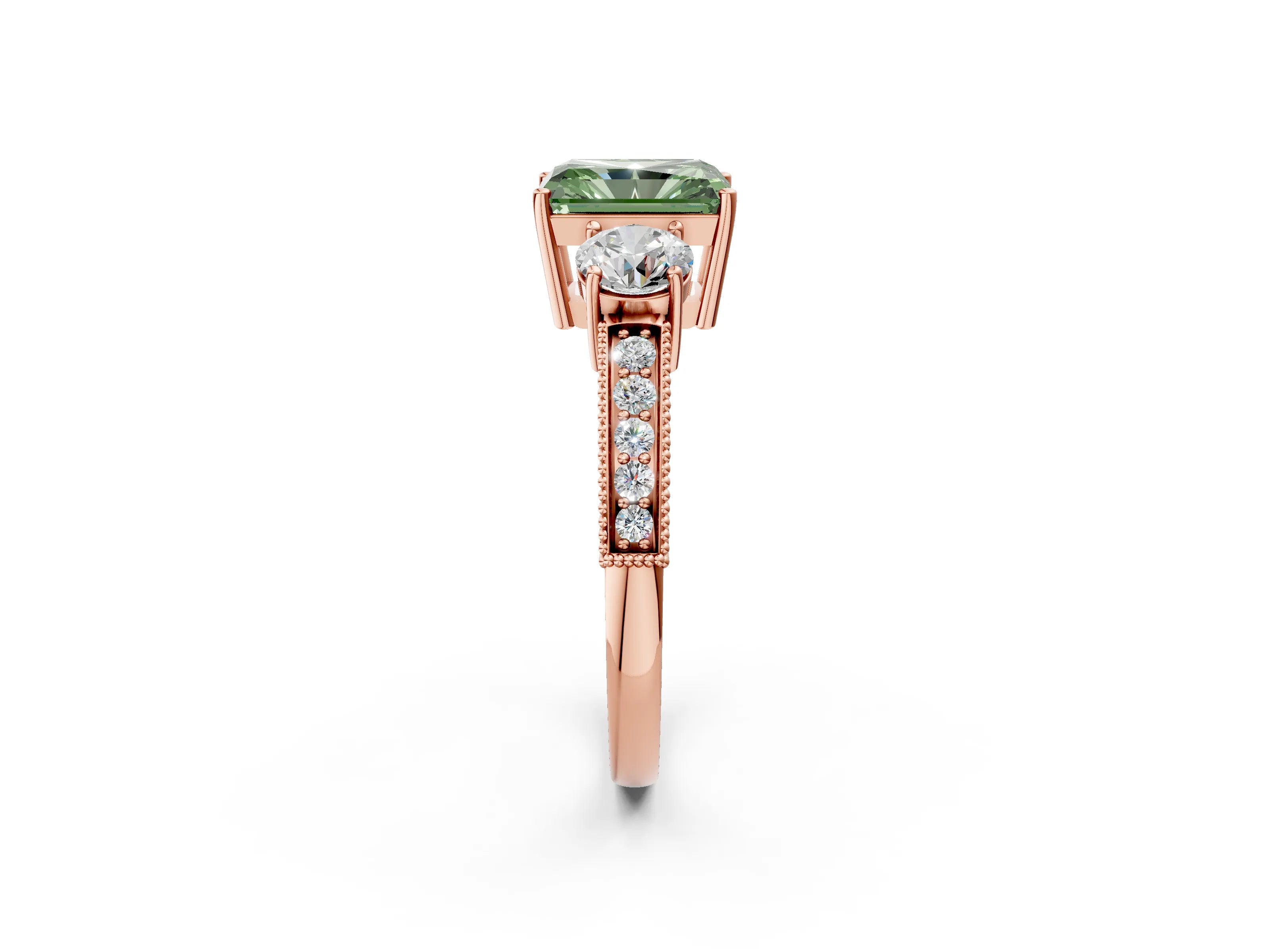 Rose gold Fancy Green Radiant Cut Three-Stone Diamond Ring with Pavé Band and Four-Prong Setting_2