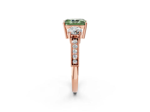 Rose gold Fancy Green Radiant Cut Three-Stone Diamond Ring with Pavé Band and Four-Prong Setting_2