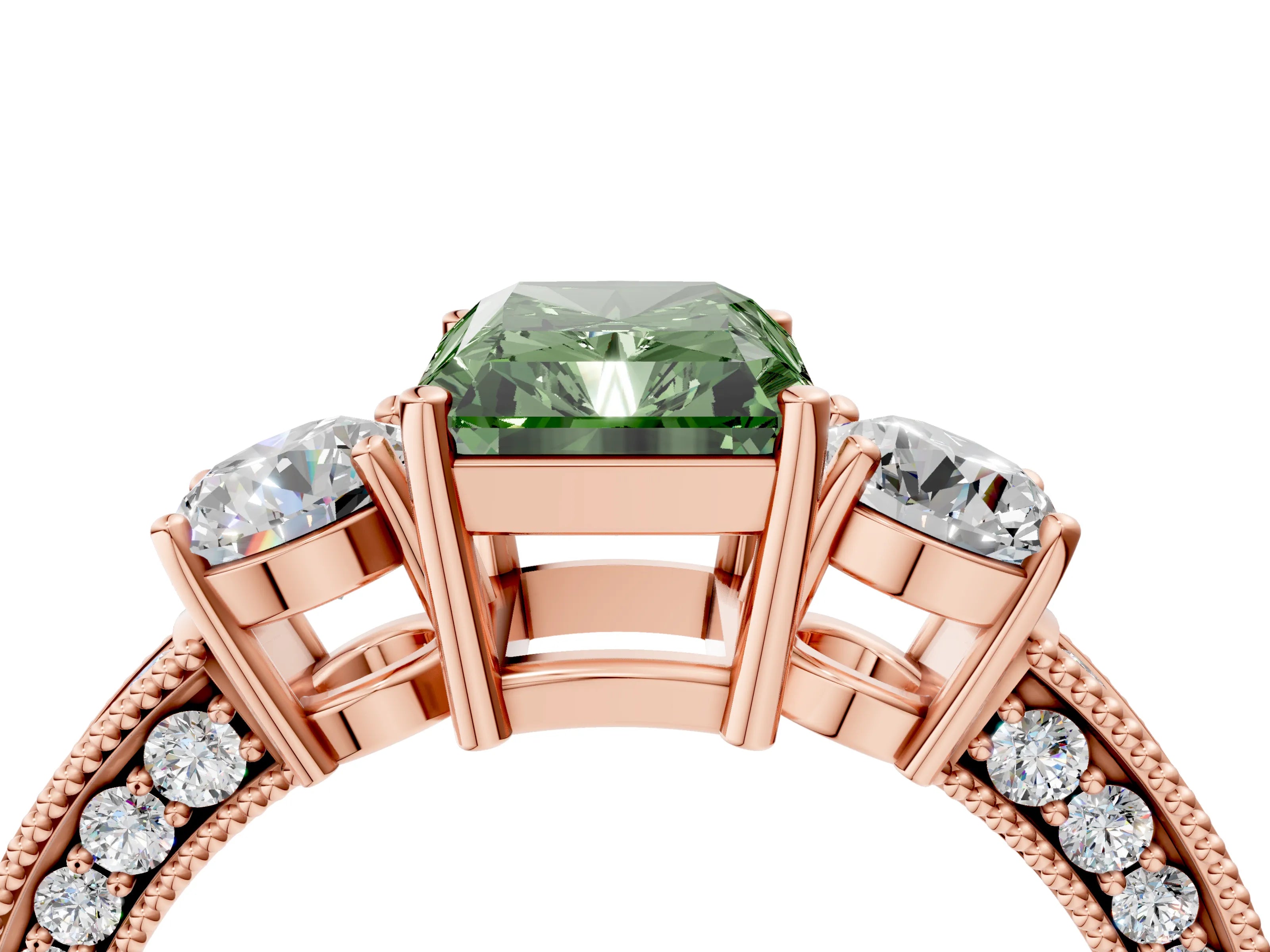 Rose gold Fancy Green Radiant Cut Three-Stone Diamond Ring with Pavé Band and Four-Prong Setting_4