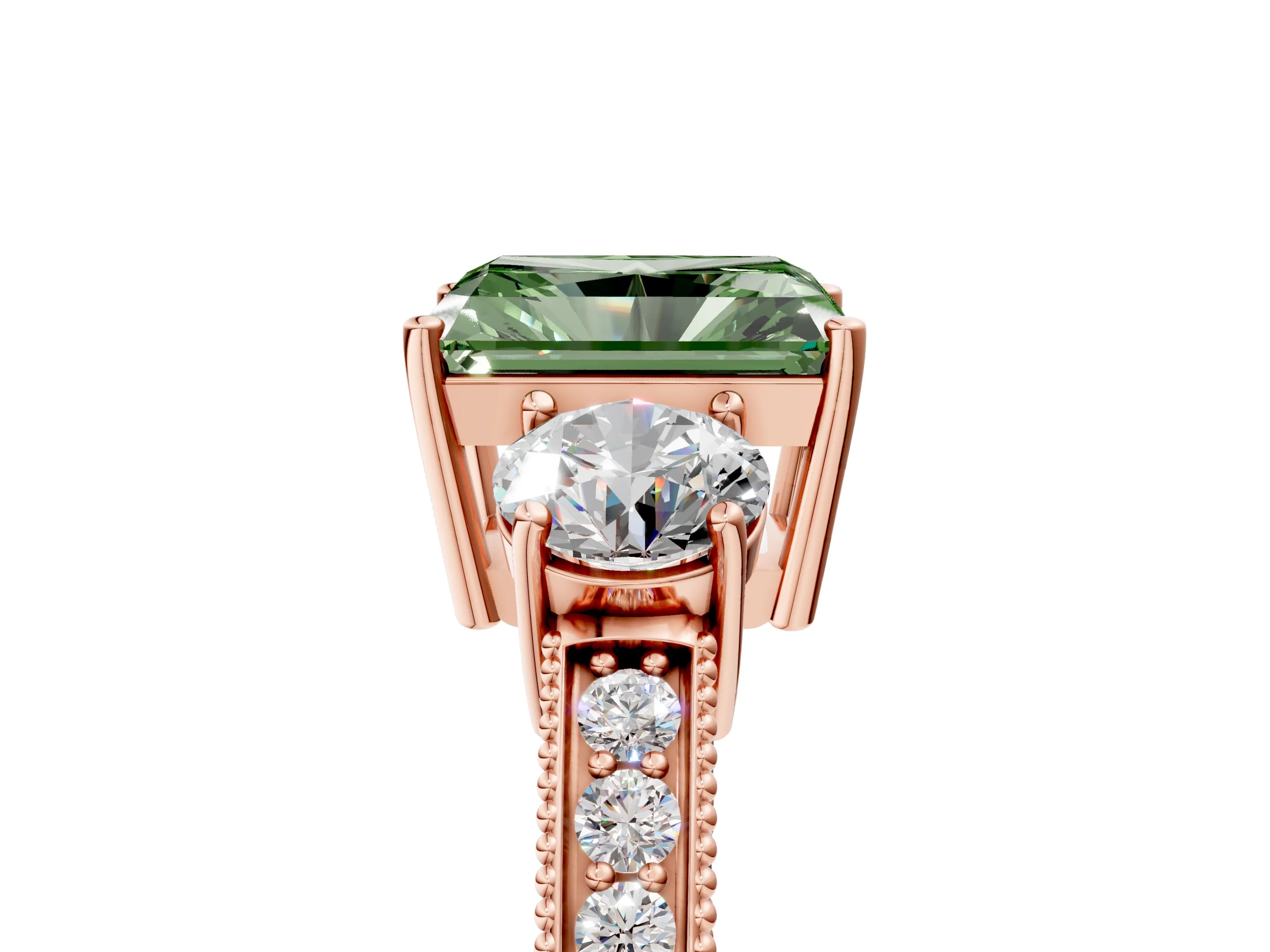 Rose gold Fancy Green Radiant Cut Three-Stone Diamond Ring with Pavé Band and Four-Prong Setting_5