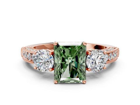 Rose gold Fancy Green Radiant Cut Three-Stone Diamond Ring with Pavé Band and Four-Prong Setting