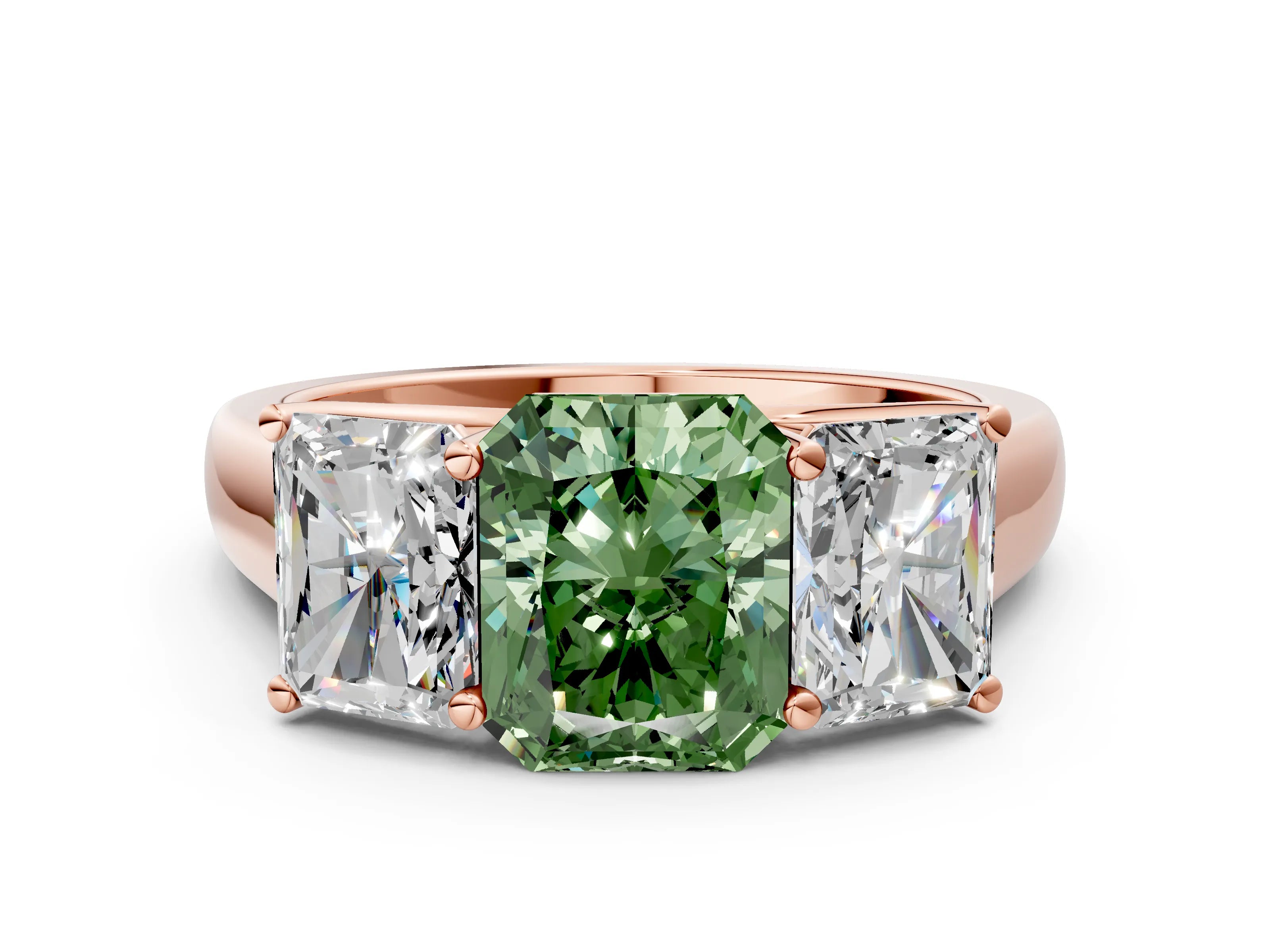 Rose gold Fancy Green Radiant Cut Three-Stone Diamond Ring with Prong Setting on a Classic Band