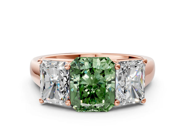 Rose gold Fancy Green Radiant Cut Three-Stone Diamond Ring with Prong Setting on a Classic Band
