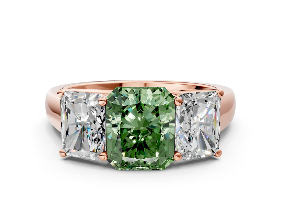 Rose gold Fancy Green Radiant Cut Three-Stone Diamond Ring with Prong Setting on a Classic Band_13