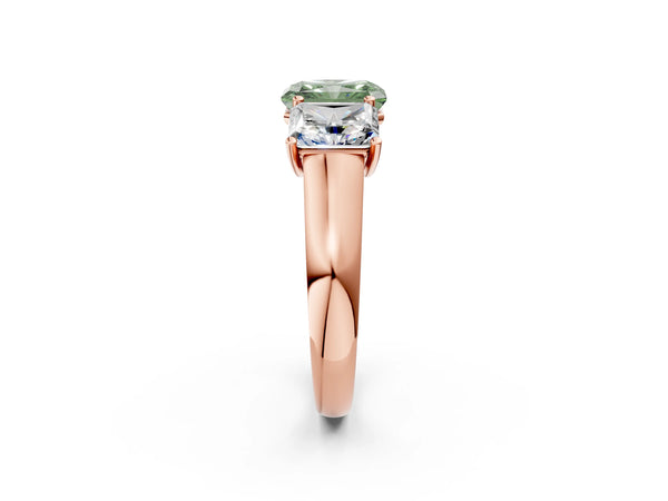 Rose gold Fancy Green Radiant Cut Three-Stone Diamond Ring with Prong Setting on a Classic Band