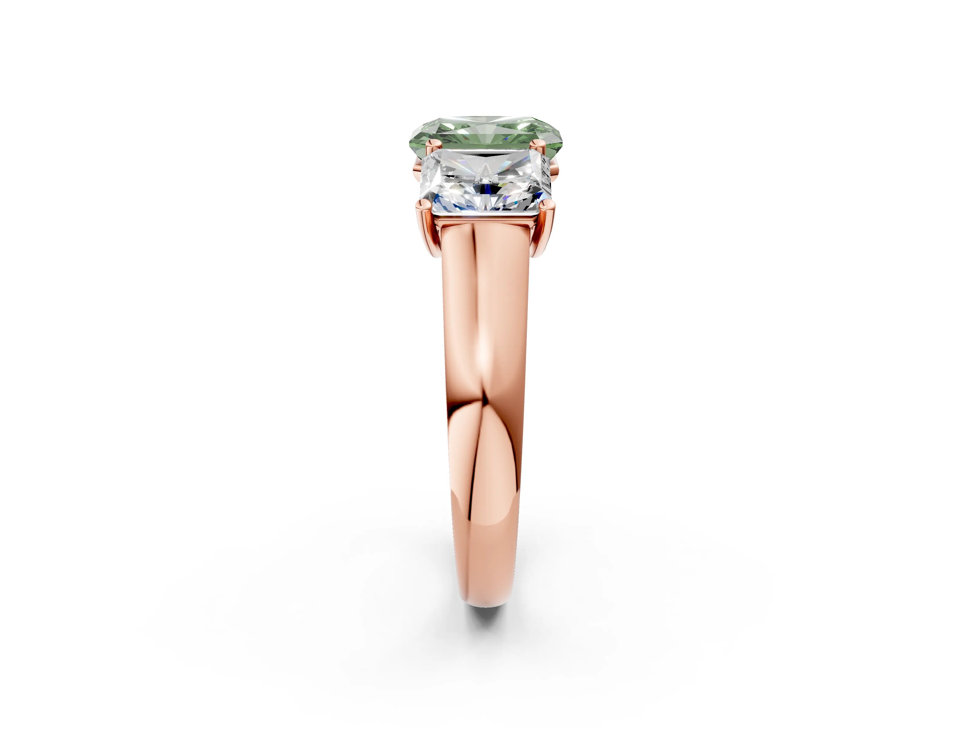 Rose gold Fancy Green Radiant Cut Three-Stone Diamond Ring with Prong Setting on a Classic Band_2