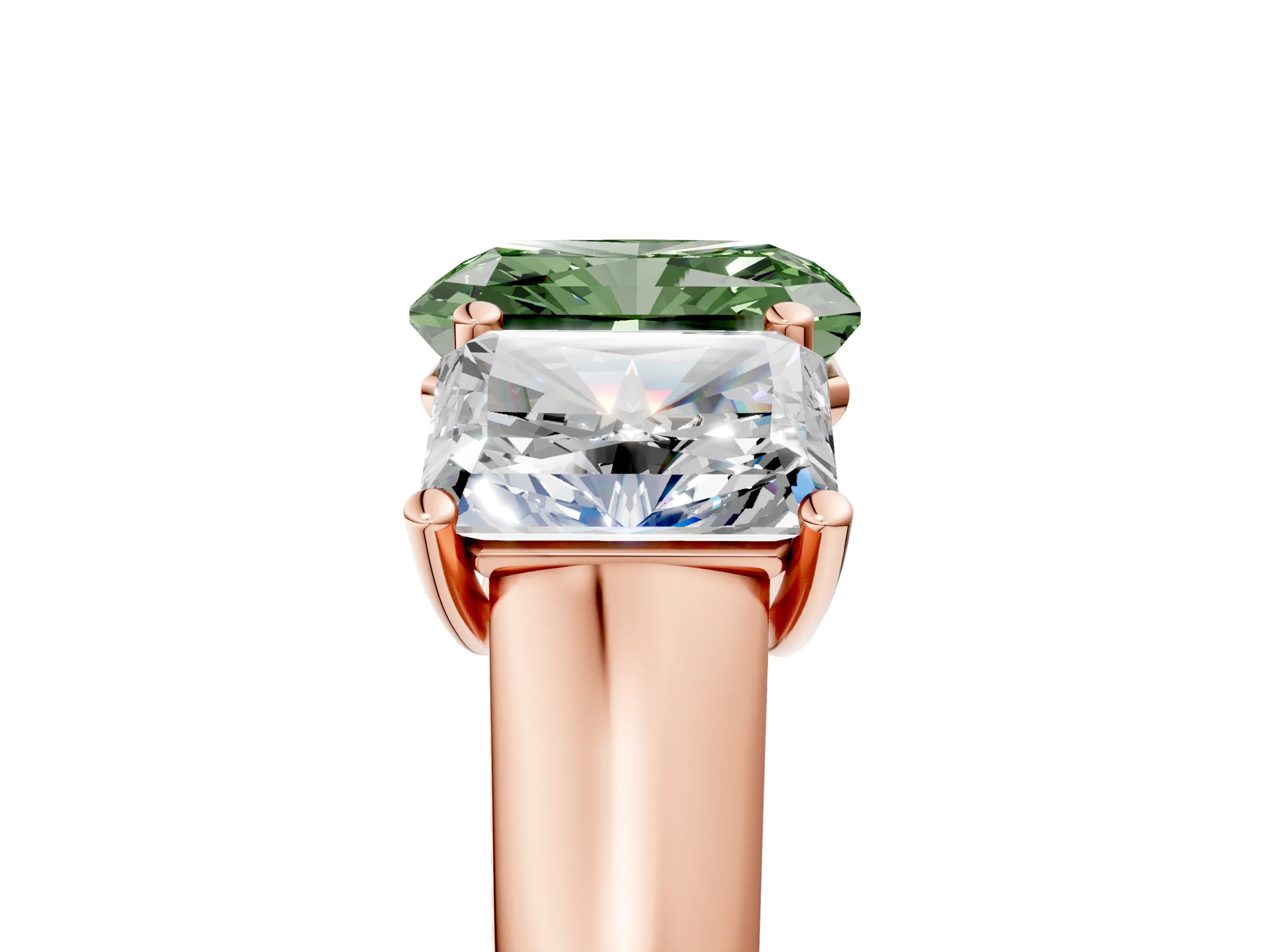 Rose gold Fancy Green Radiant Cut Three-Stone Diamond Ring with Prong Setting on a Classic Band_5