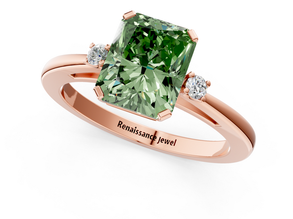 Rose gold Fancy Green Radiant  Cut Three-Stone Solitaire Ring with Round Accent Diamonds and Four-Prong Setting