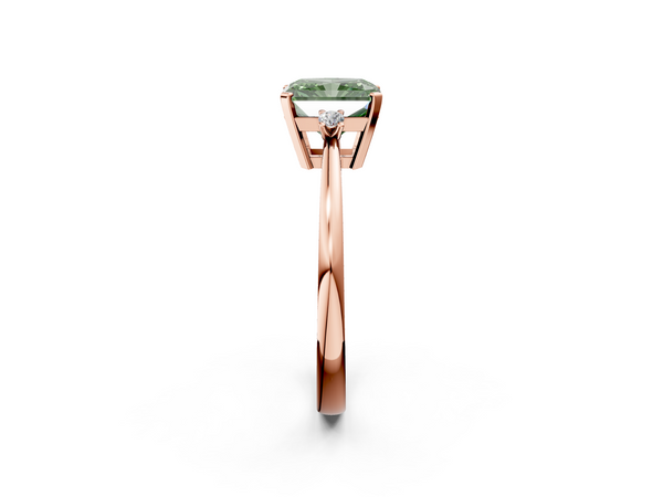 Rose gold Fancy Green Radiant  Cut Three-Stone Solitaire Ring with Round Accent Diamonds and Four-Prong Setting