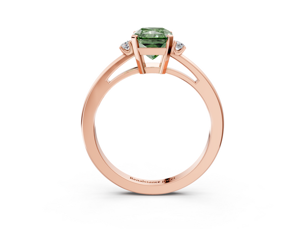 Rose gold Fancy Green Radiant  Cut Three-Stone Solitaire Ring with Round Accent Diamonds and Four-Prong Setting