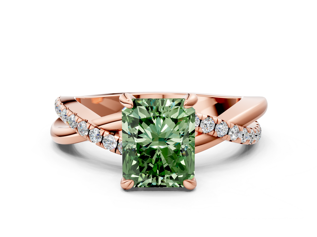 Rose gold Fancy Green Radiant  Cut Twist Band Solitaire Diamond Ring with Pavé Setting_3