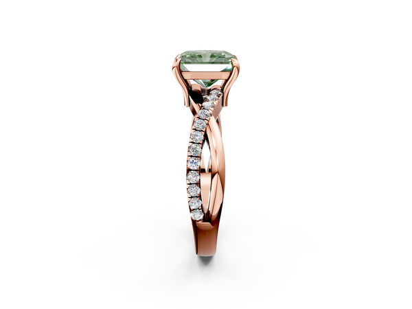 Rose gold Fancy Green Radiant  Cut Twist Band Solitaire Diamond Ring with Pavé Setting
