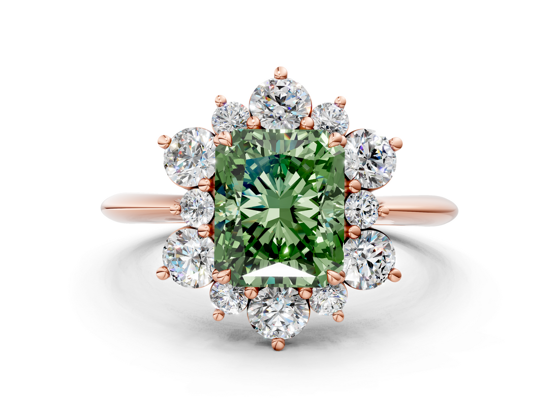 Rose gold Fancy Green Radiant  Diamond Cluster Halo Ring with Solitaire Band and Four-Prong Setting_20