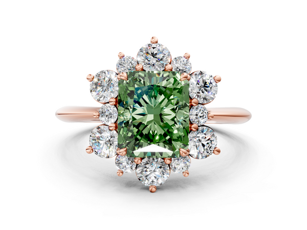 Rose gold Fancy Green Radiant  Diamond Cluster Halo Ring with Solitaire Band and Four-Prong Setting