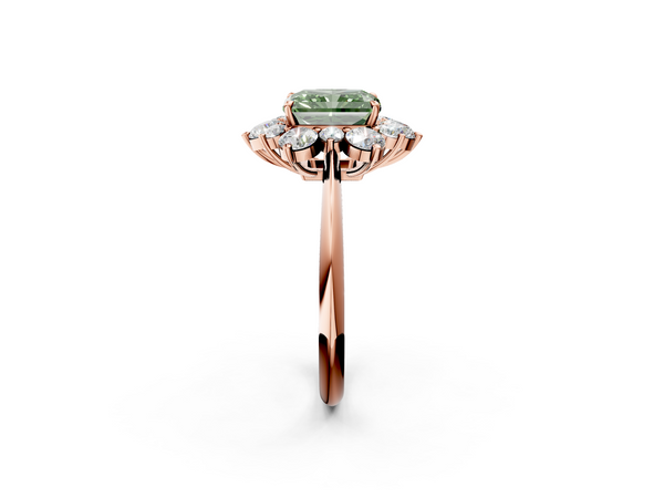 Rose gold Fancy Green Radiant  Diamond Cluster Halo Ring with Solitaire Band and Four-Prong Setting