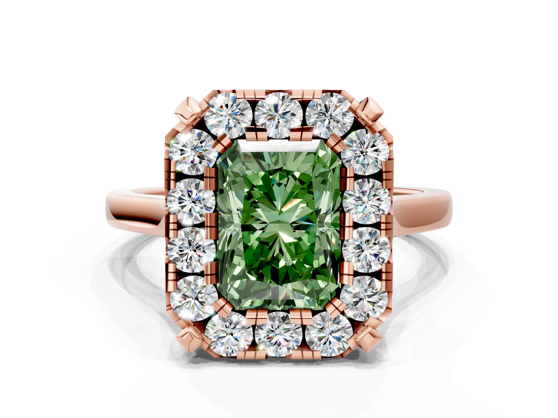 Rose gold Fancy Green Radiant  Diamond Cluster Halo Solitaire with Four-Prong Setting_77