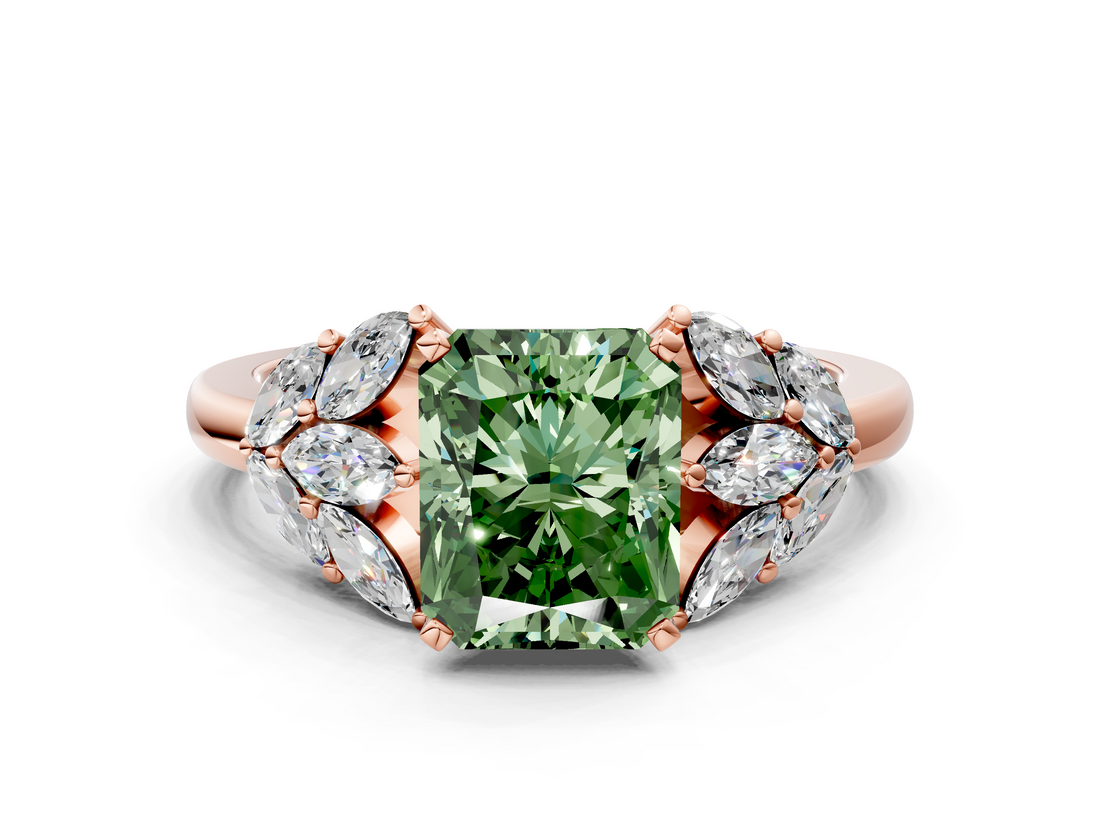 Rose gold Fancy Green Radiant  Diamond Cluster Leaf Design Ring with Prong Setting_53