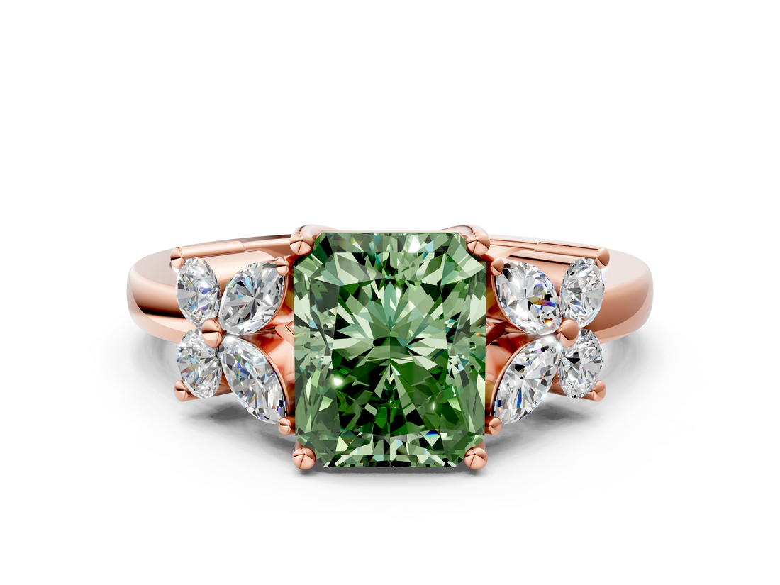 Rose gold Fancy Green Radiant  Diamond Floral Cluster Ring with Solitaire Band and Prong Setting_63