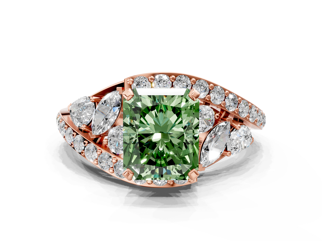 Rose gold Fancy Green Radiant  Diamond Halo Ring with Marquise and Pavé Band in Prong Setting_36