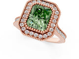 Rose gold Fancy Green Radiant  Diamond Halo Ring with Milgrain Frame and Pavé Band 1