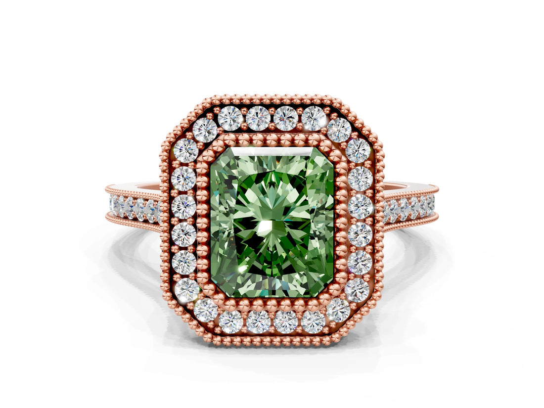 Rose gold Fancy Green Radiant  Diamond Halo Ring with Milgrain Frame and Pavé Band