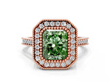 Rose gold Fancy Green Radiant  Diamond Halo Ring with Milgrain Frame and Pavé Band