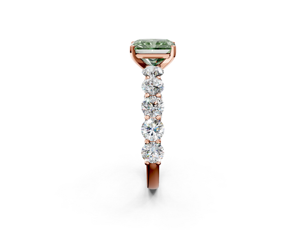 Rose gold Fancy Green Radiant Cut Diamond Prong Setting with Side Stones on a Pave Band