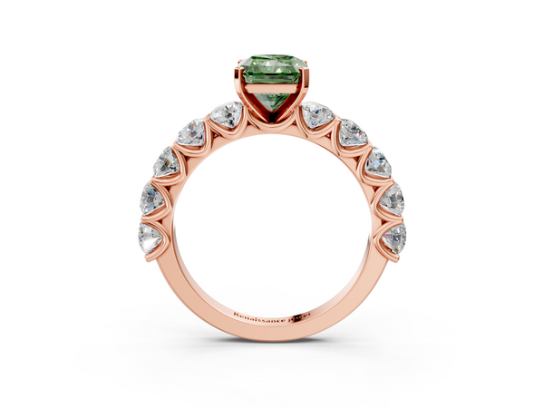 Rose gold Fancy Green Radiant Cut Diamond Prong Setting with Side Stones on a Pave Band
