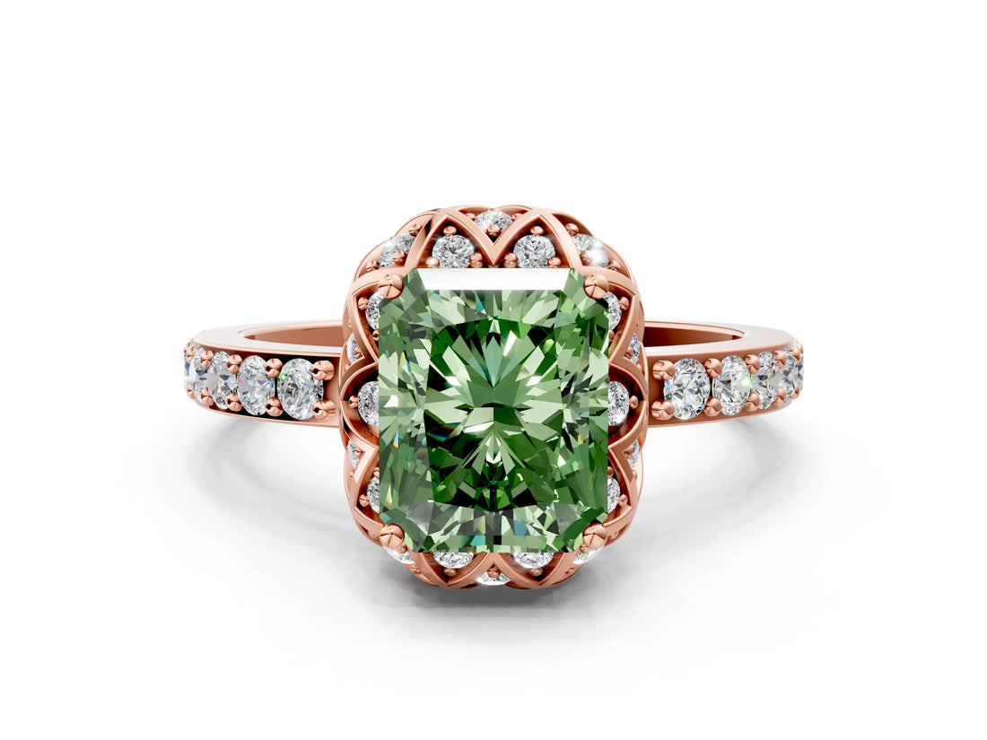 Rose gold Fancy Green Radiant  Diamond Solitaire Ring with Shared Prong Pavé Band_53